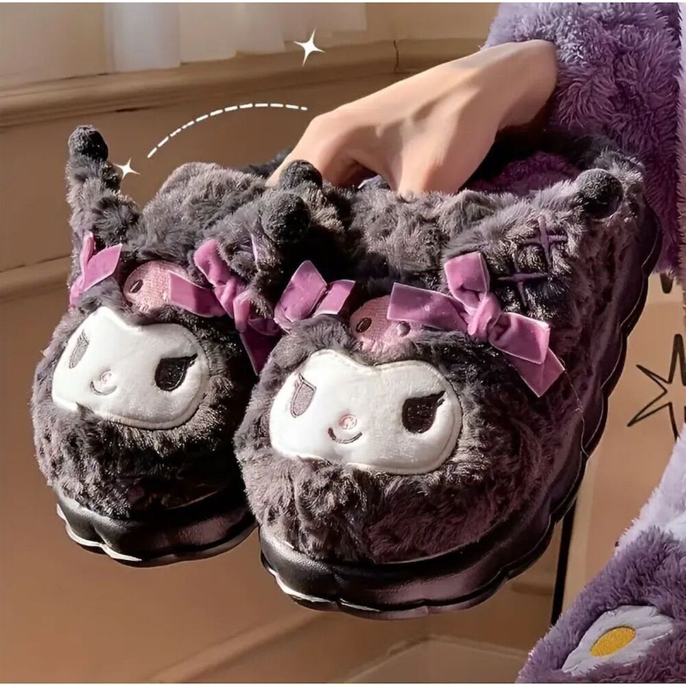 Sanrio Kuromi Plush Slippers Black 7.5 Kawaii Cozy Slide On Y2k Trendy Comfy - Picture 4 of 8